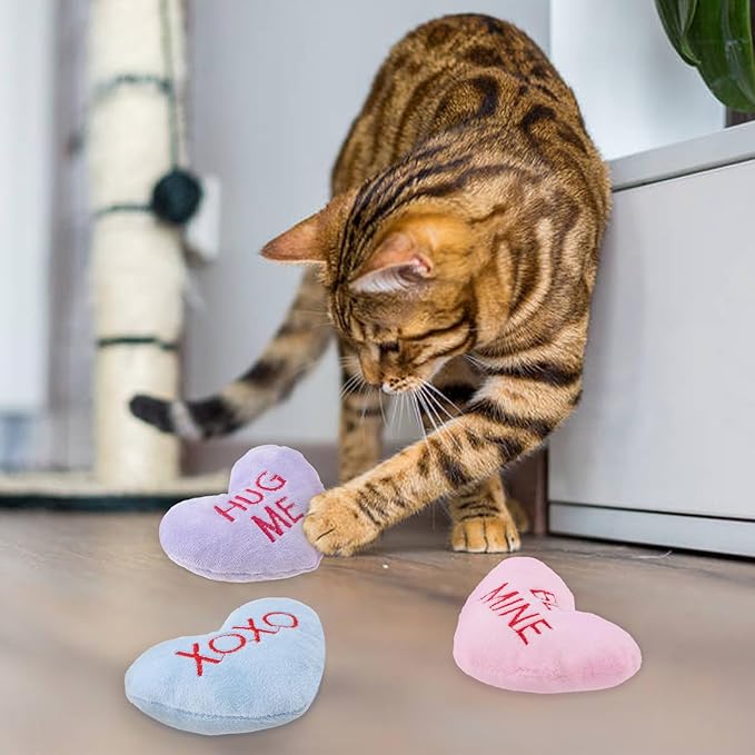 6pcs Valentine's Day Heart Catnip Toy，Valentines Indoor Heart Shaped Cat Toy Plush Interactive Chew Bite Toys for Cat Kitten Indoor Festive Holiday Cat Lover Gift