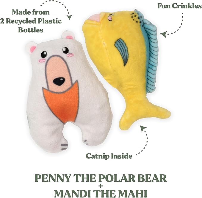 Cat Toys | Plush Toy Polar Bear & Mahi Mahi (Value 2-Pack) Cat Toys for Indoor Cats | Eco Friendly Toy Made from Non Toxic Materials