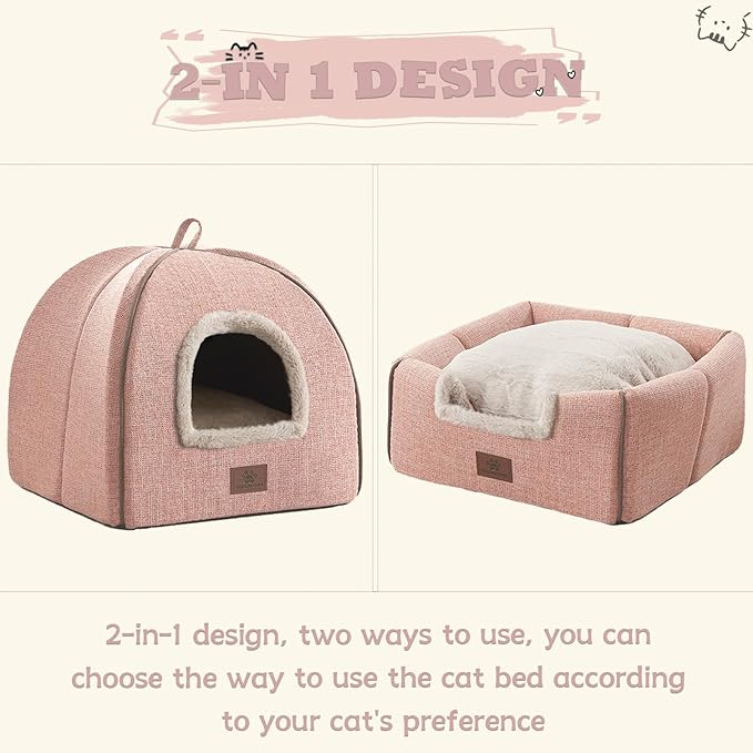 Cat Bed for Indoor Cats - Cat House Cats Tent with Removable Washable Cushioned Pillow, Soft and Self Kitten beds,for Small and Medium Pet Bed, Pink