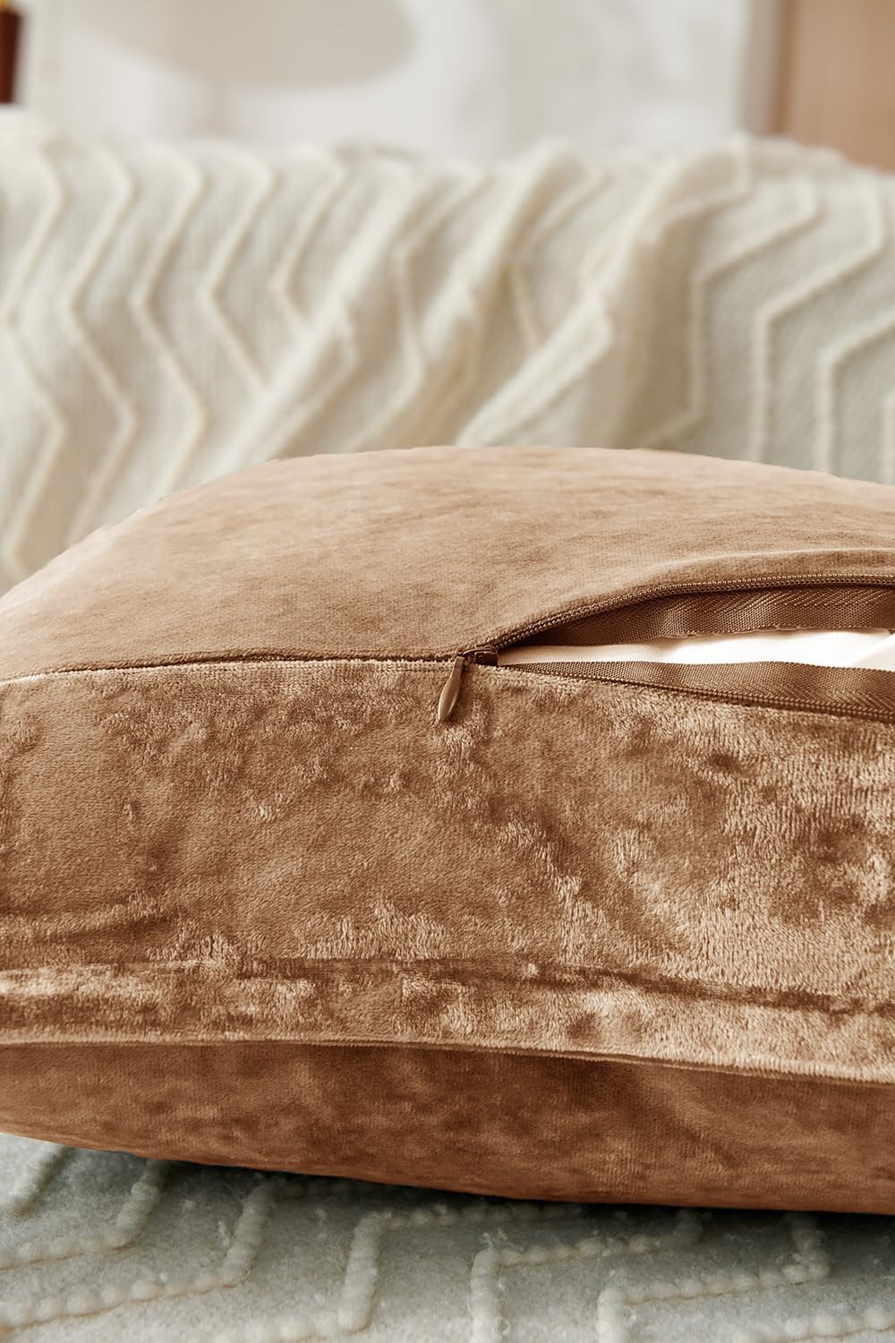 Luxurious Velvet Throw Pillow Covers 20x20 Set of 2 Decorative Pillow Covers Solid Square Cushion Case for Sofa Couch Bedroom Farmhouse, Caramel