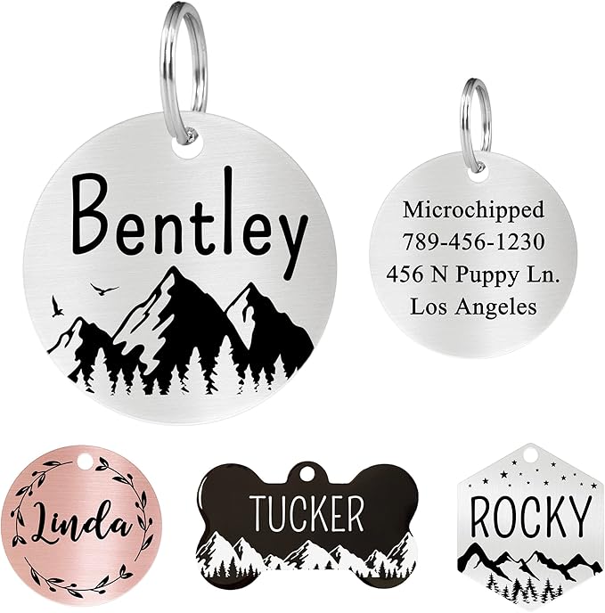 Ultra Joys Stainless Steel Pet ID Tags - Personalized Front and Back Engraving, Customized Dog and Cat Tags, Optional Engraved on Both Sides, Round Mountain on Bottom, Silver Small