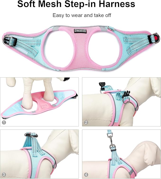 Mercano Soft Mesh Dog Harness and Leash Set, No-Chock Step-in Reflective Breathable Lightweight Easy Walk Vest Harnesses with Safety Buckle for Small Dogs, Cats (XXS, Pink Blue)