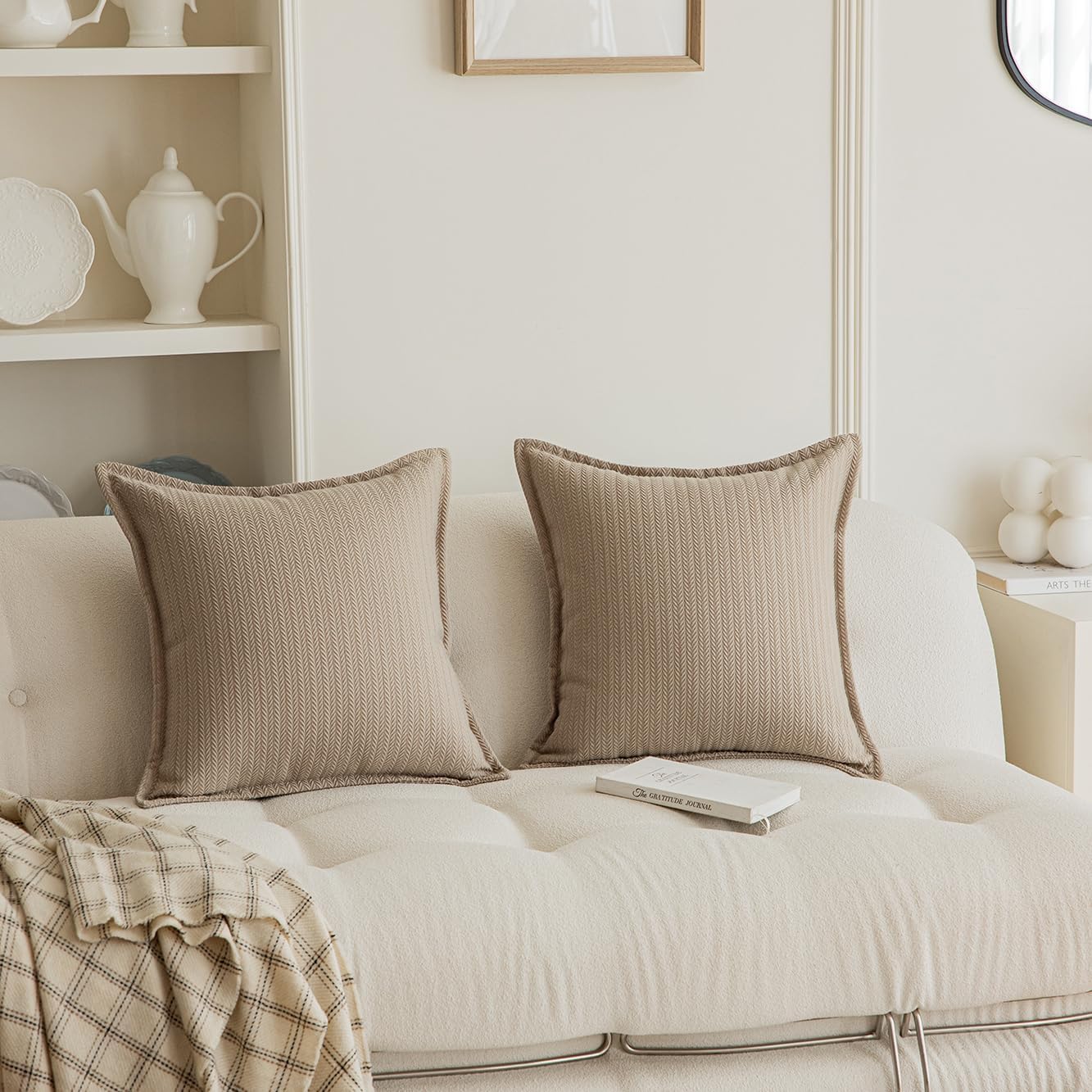 Set of 2 Herringbone Embossed Stripe Flange Throw Pillow Covers for Couch and Bed - 18"x18", Khaki-Green