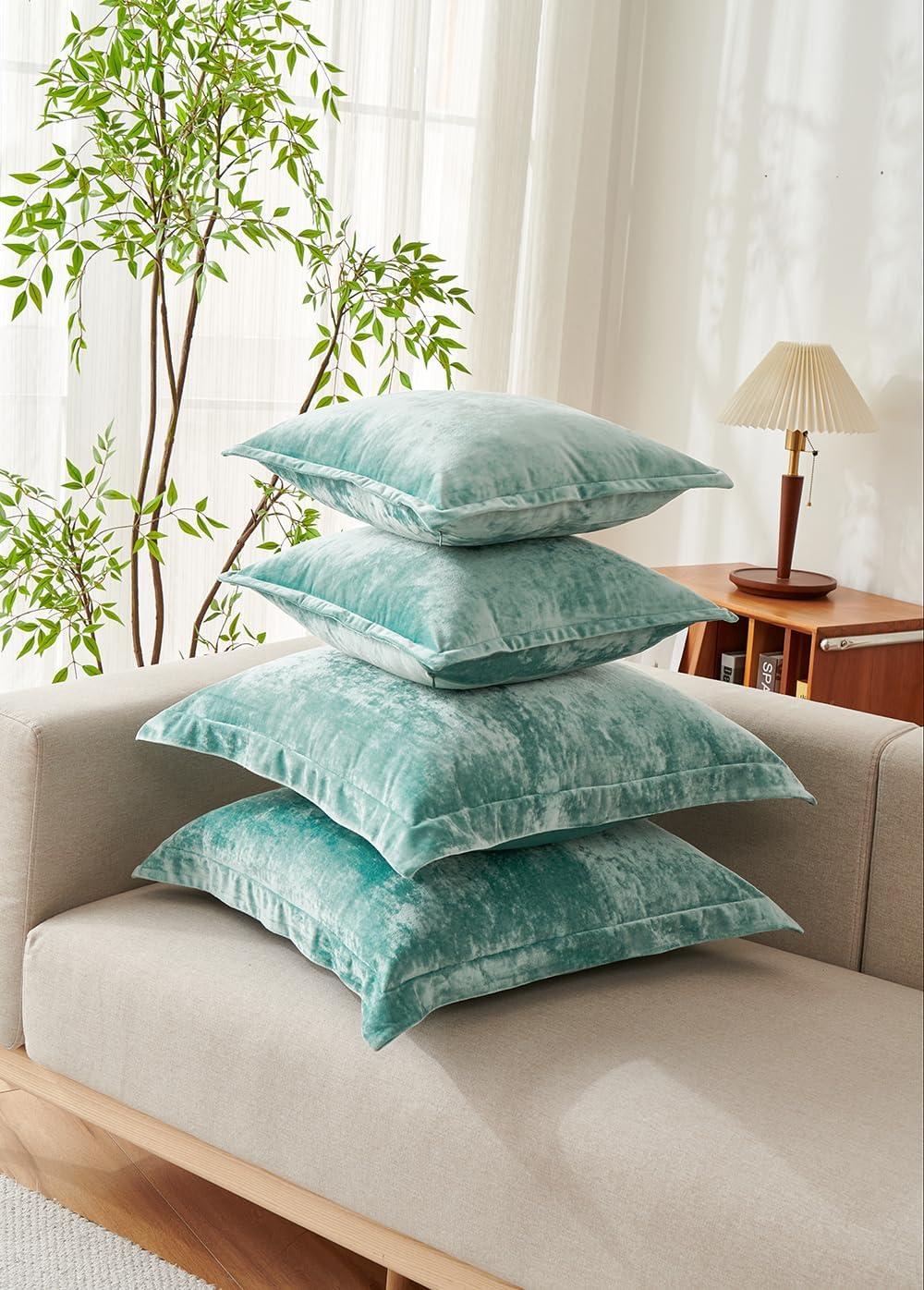 Luxurious Velvet Euro Shams Decorative Throw Pillow Covers 26x26 Set of 2 Solid Square Euro Pillow Shams for Sofa Couch Bedroom, Aqua Green