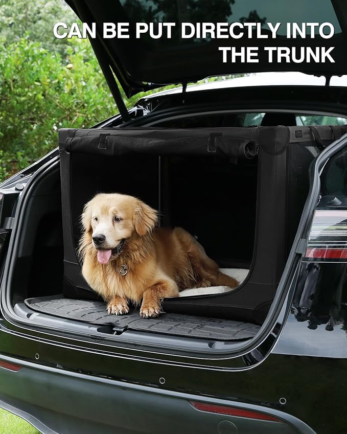 42 Inch Collapsible Travel Dog Crate for Medium Large Dogs, Portable Dog Crate 4-Door Foldable Soft Kennel with Durable Mesh Windows for Indoor & Outdoor Travel, with Storage Bag,Black