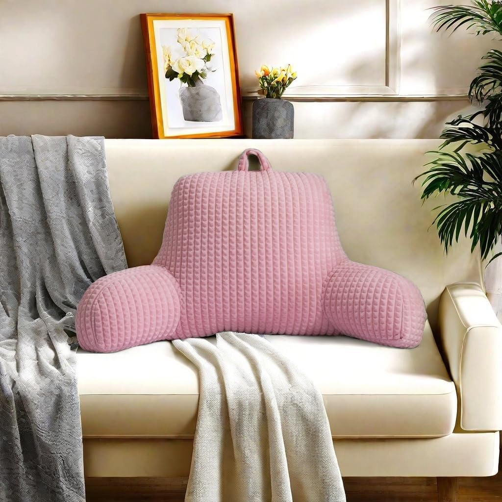 Holawakaka Reading Pillow for Bed and Sofa Couch Sitting Up, Backrest Pillows with Arms for Kids Teens Adults, Back Support Cushion for Lounging, Watching TV, Working on Laptop, Pink