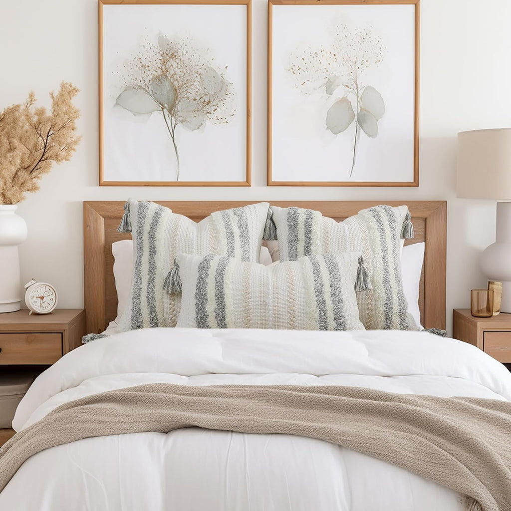 decorUhome Decorative Boho Throw Pillow Covers 12x20 Set of 2, Lumbar Accent Neutral Textured Tufted Pillow Covers Striped for Couch Bed Sofa Living Room, Light Grey and Cream White