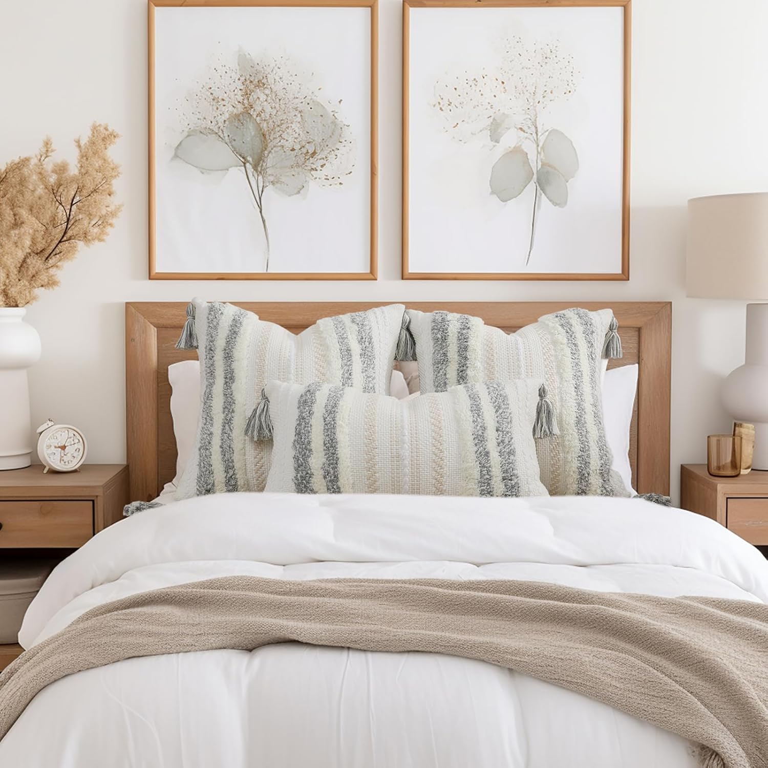 decorUhome Decorative Boho Throw Pillow Covers 12x20 Set of 2, Lumbar Accent Neutral Textured Tufted Pillow Covers Striped for Couch Bed Sofa Living Room, Light Grey and Cream White