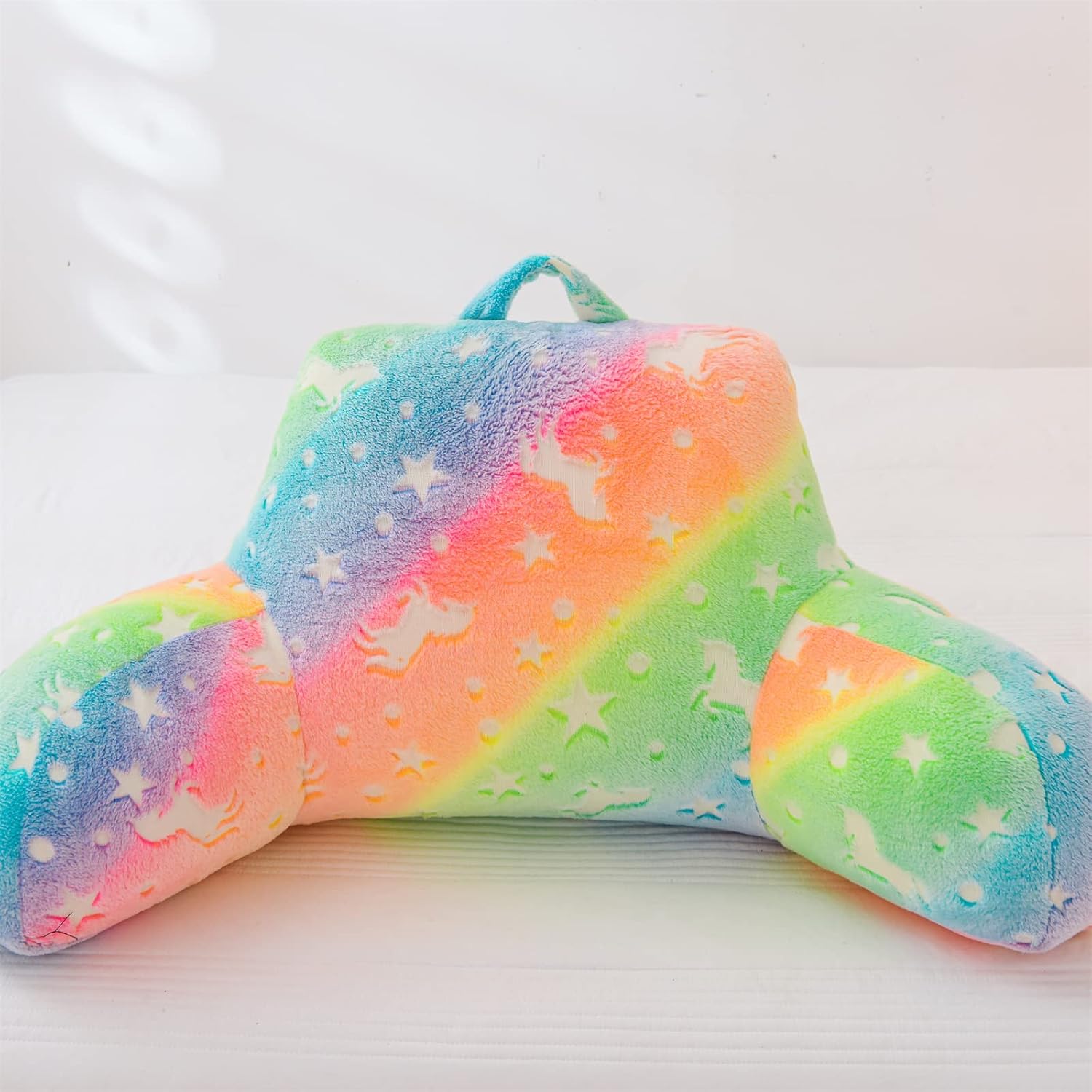Meeting Story Colorful Gradient Rainbow Star Unicorn Luminous Reading Pillows Glow in The Dark with Arms Back Pillow for Bed, Bed Rest Pillow for Adults Teens, Kids, (Yellow-Pink)