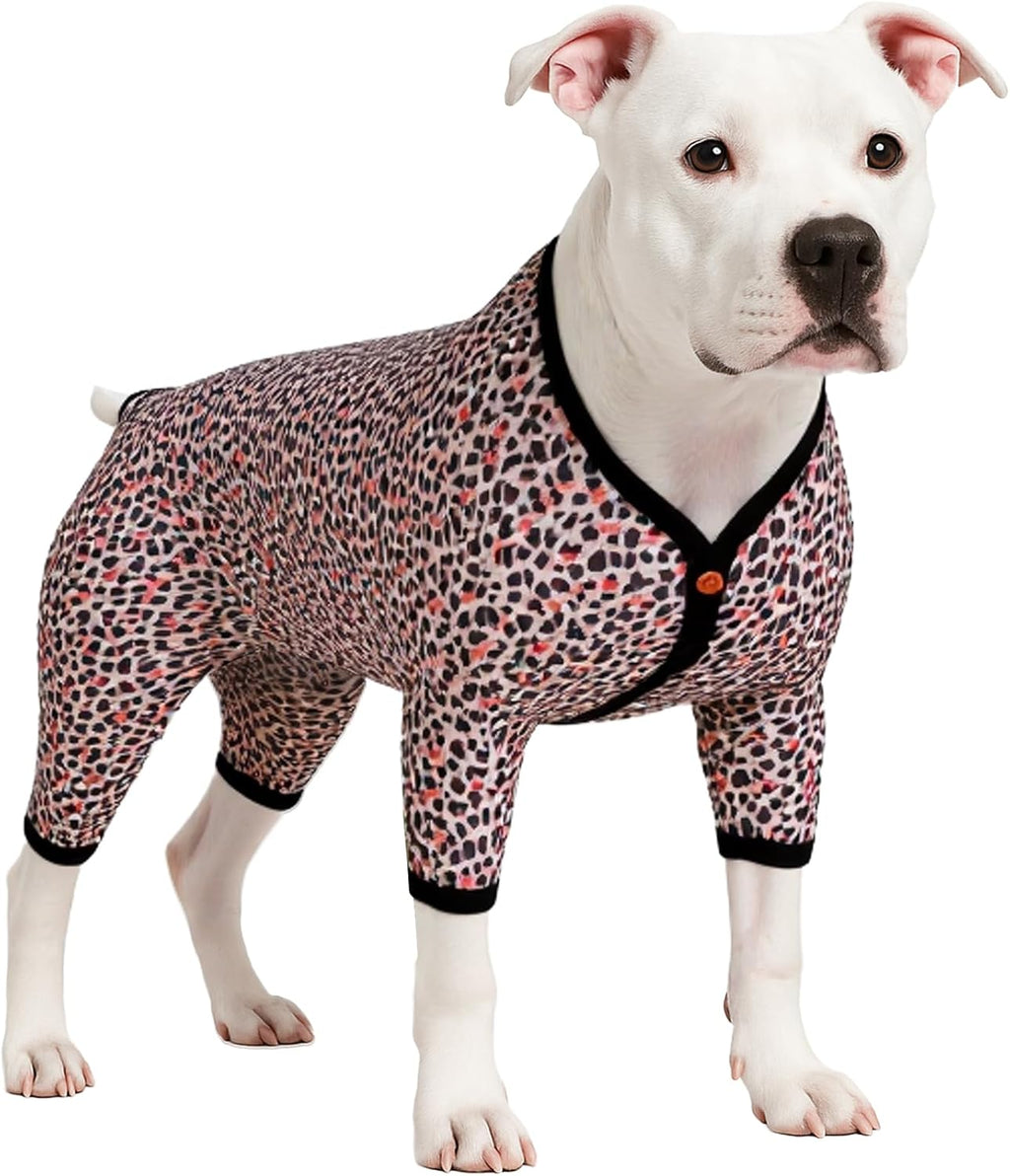 LovinPet Large Dog Post Surgery Clothes, Double Brushed Stretch Knit, Neon Pink Cheetah Print, UV Protection, Pet Anxiety Lightweight Pullover Pet Pajamas, Full Coverage Dog Pjs, Leopard Pink M