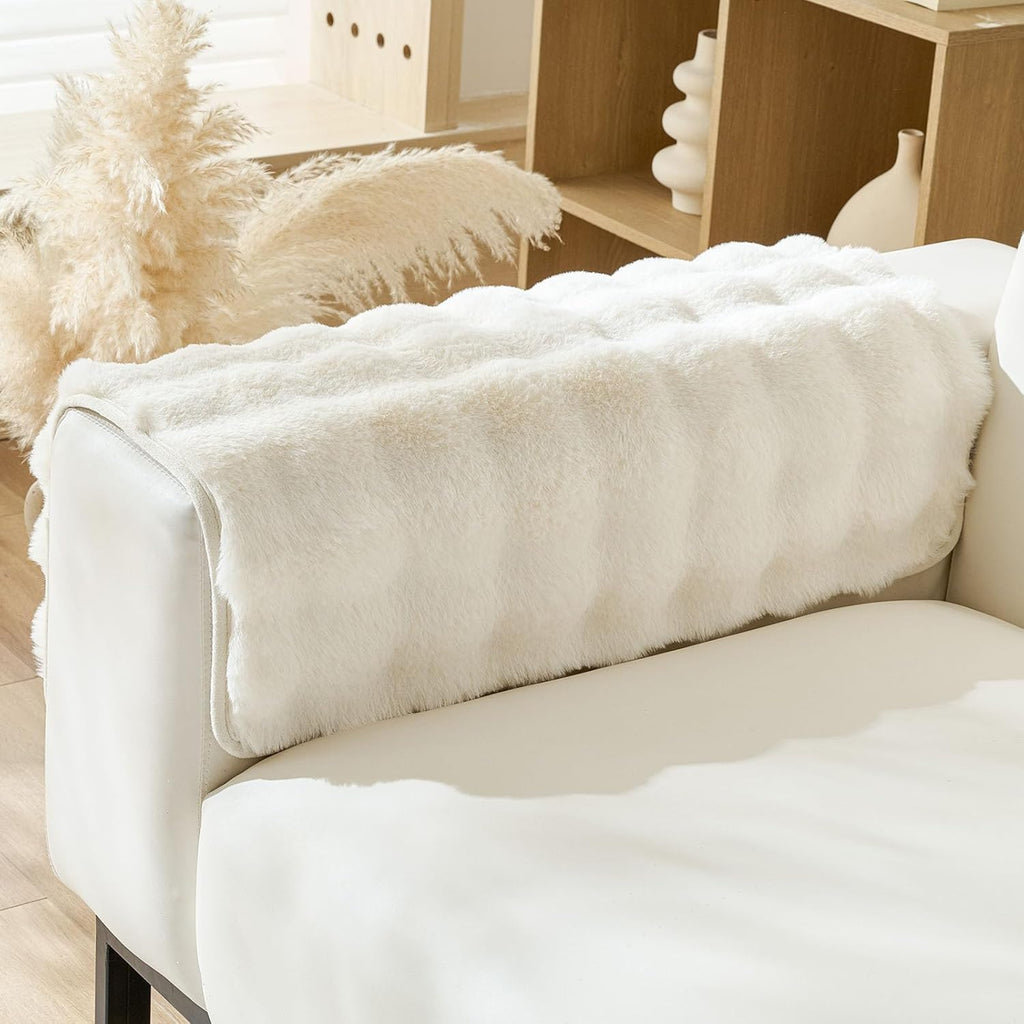 Faux Fur Armrest Cover Backrest Cover Fuzzy Plush Thick Bubble Sofa Cover Luxury Soft Cozy Couch Cover Anti-Slip Sofa Slipcover Washable Furniture Protector (Ivory,28"x28")