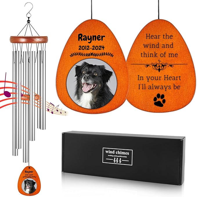 Personalized Dog Memorial Gifts for Loss of Dog - Custom Sympathy Wind Chime with Photo & Name, 26"/32"/36" Outdoor Bereavement Keepsake for Garden or Patio