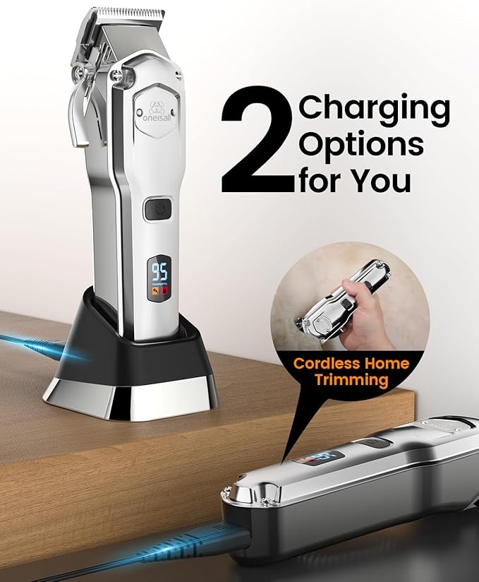 oneisall Dog Clippers for Grooming Thick Hair Professional,Cordless/Rechargeable Pet Grooming Kit with Detachable Metal Combs, Low Noise Heavy-Duty Pet Clippers for Thick/Curly/Fine/Wavy Hair (Sliver)