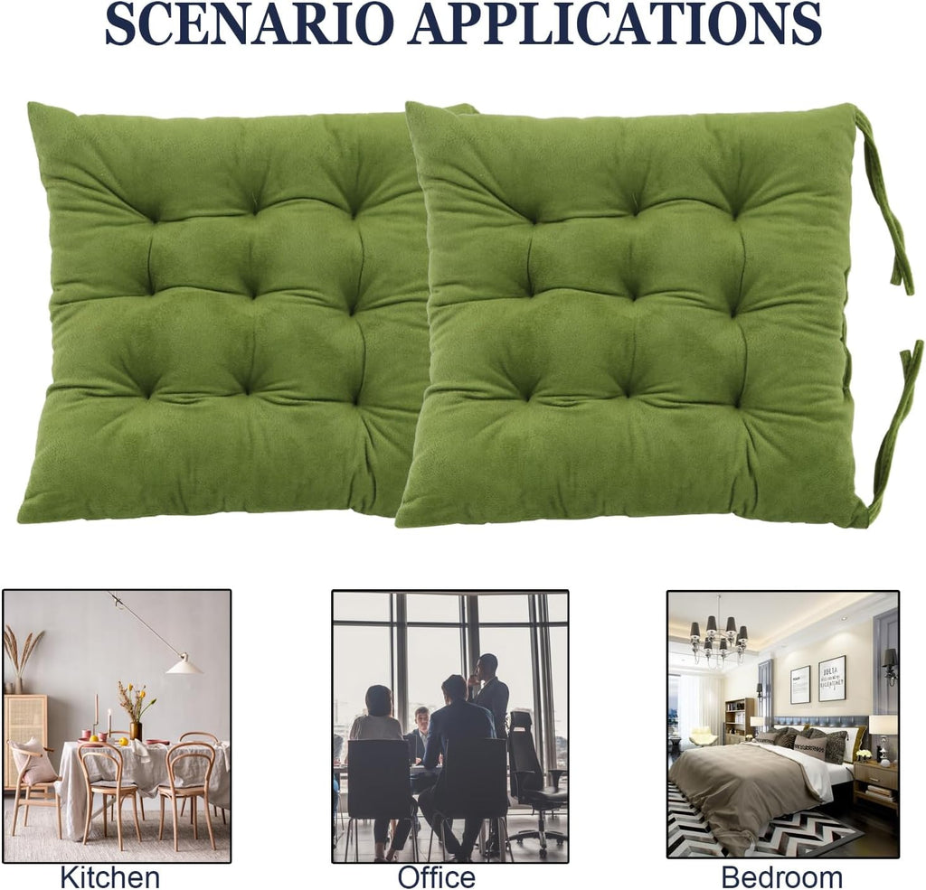2 Pack Square Seat Cushion Chair Pads for Kitchen Dining Chairs, Soft Comfort Velvet Chair Mat Pillow Cushions with Ties for Office Desk Living Room Tatami 15.5", Green