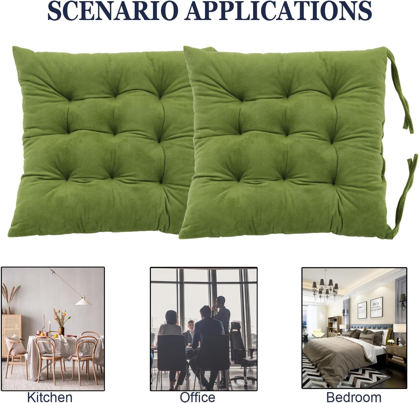 2 Pack Square Seat Cushion Chair Pads for Kitchen Dining Chairs, Soft Comfort Velvet Chair Mat Pillow Cushions with Ties for Office Desk Living Room Tatami 15.5", Green
