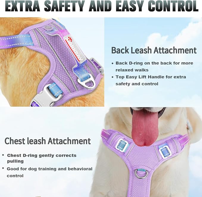 BARKBAY No Pull Dog Harness Large Reflective Dog Harness with Front Clip and Easy Control Handle for Walking Training Running with ID tag Pocket(Lavender Sky,L)