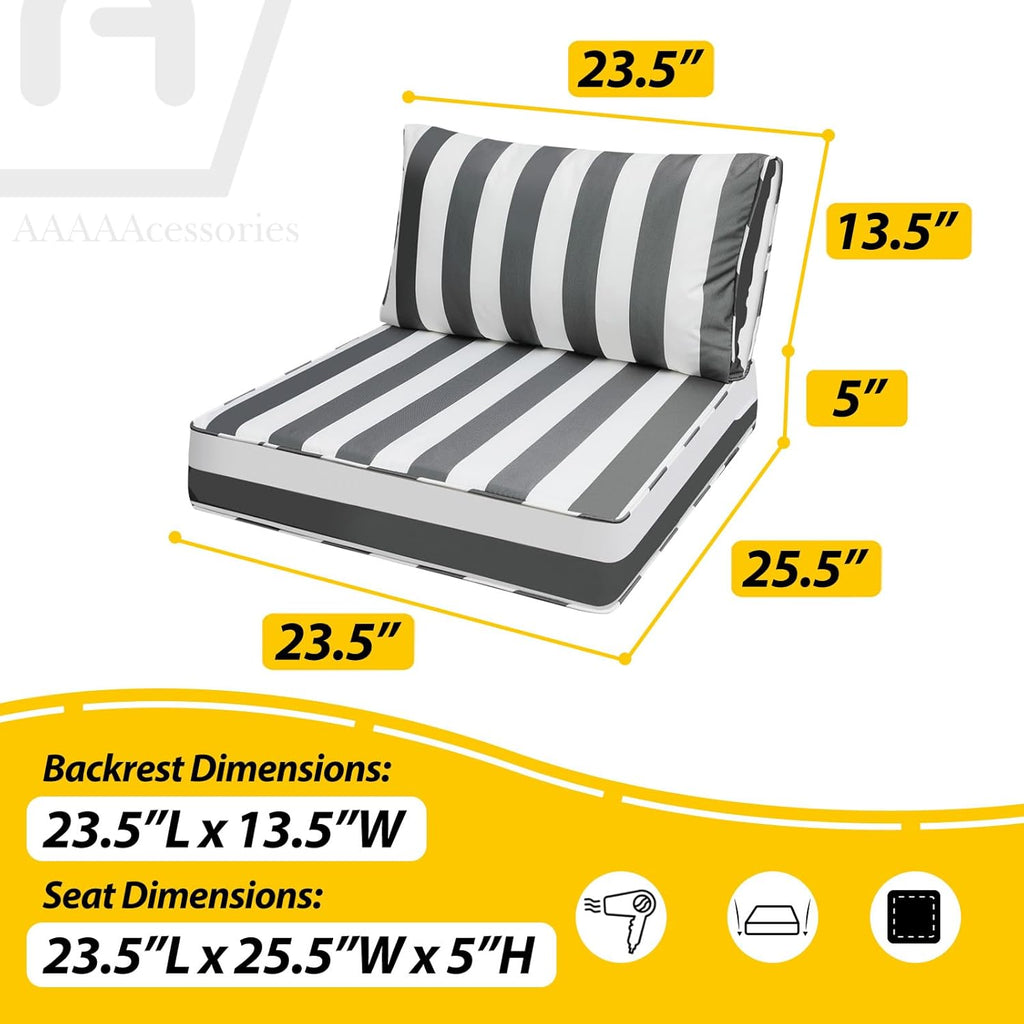 AAAAAcessories Outdoor Deep Seat Cushions, Waterproof, Fade-Resistant Patio Furniture Replacement Cushions, 23.5" x 25.5" x 5" + 23.5" x 13.5", Gray Cabana Stripe