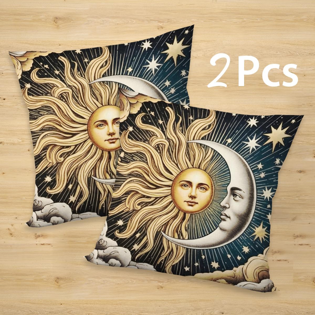 2 Pcs Celestial Sun and Moon Linen Throw Pillow Covers, Elegant Sun and Moon Square Pillowcases Cushion Cover for Women Friend Sister Coworker Birthday Christmas Mothers Day Friendship Gifts