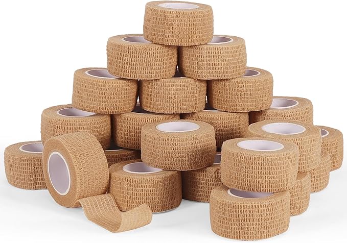 24 Rolls Elastic Self Adhesive Bandage Wrap 1 Inch, Breathable Non Woven Cohesive Bandage, Vet Wrap for Dogs, Ankle Sprains Swelling Medical First Aid Tape, Sports Athletic Tape (Brown)