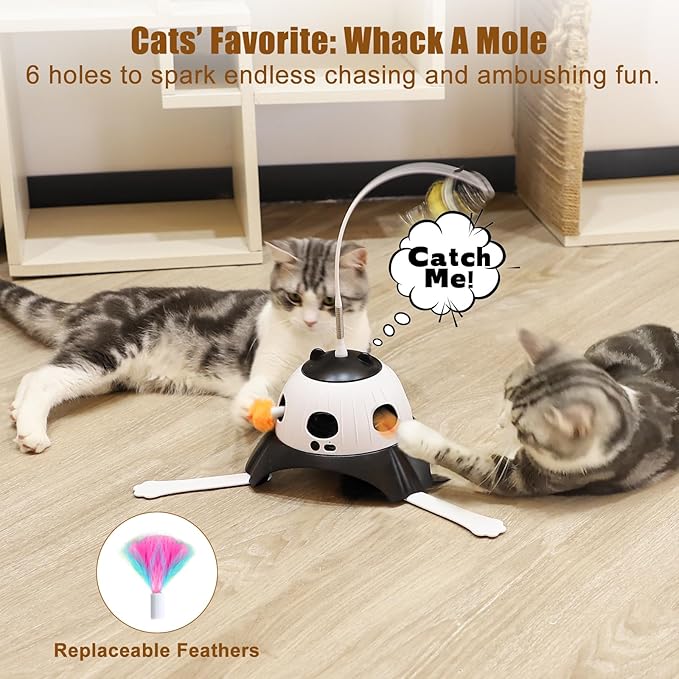 3-in-1 Automatic Cat Toys for Indoor Cats, Fluttering Butterfly, Whack a Mole, Rotating Feather Wand, USB Rechargeable Interactive Feather Toys for Multi-cat Family (Black)
