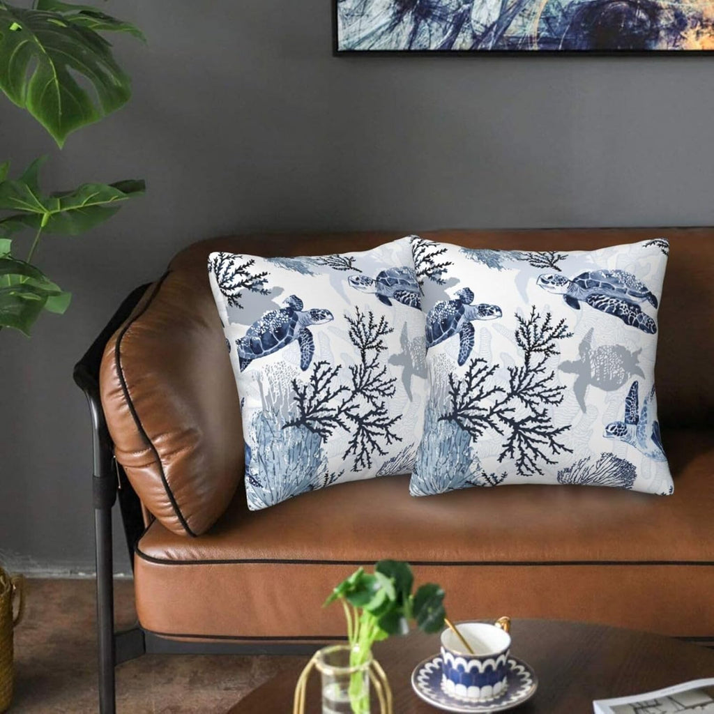 Nautical Blue Pillow Covers 18x18 Inch Coastal Beach Themed Coral Sea Turtle Navy Throw Pillow Cases Cushion Cover Set of 2 for Couch Sofa Living Room Car Decor