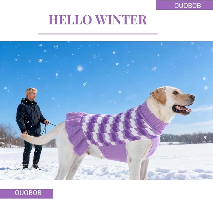 Dog Sweaters for Large Dogs Girl, Dog Sweater Dress with Leash Hole, Thick Turtleneck Knitwear for Female Dogs, Warm Fall Winter Dress for Cold Weather, Thanksgiving, Christmas - Purple XL