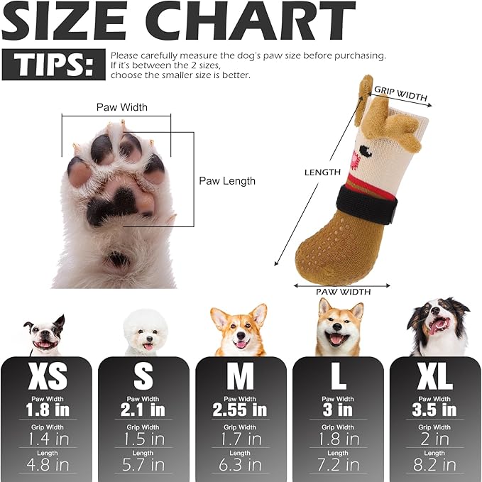 EXPAWLORER Christmas Anti Slip Dog Socks to Prevent Licking Paws, Boots & Paw Protectors with Grippers,Doggie Booties for Hardwood Floors for Small Medium Large Senior Dogs Lifelike Costume Reindeer L