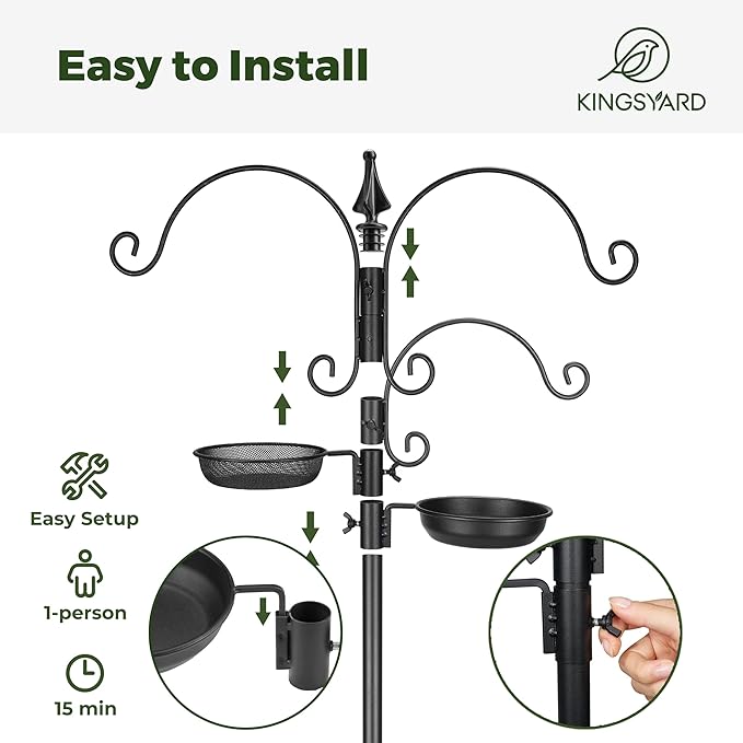 Kingsyard Bird Feeding Station Kit - 85 Inch Bird Feeder Pole with 5-Prong Base, Bird Feeder Stand for Outdoors Hanging Bird Feeders, Upgraded in Stability, Black