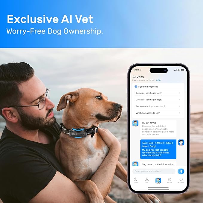 Dog GPS Tracker, Smart Waterproof Tracker with Real-Time Location, Escape Alerts, Activity Monitor, iOS & Android Compatible, for Dogs 40 lbs+ (Black)