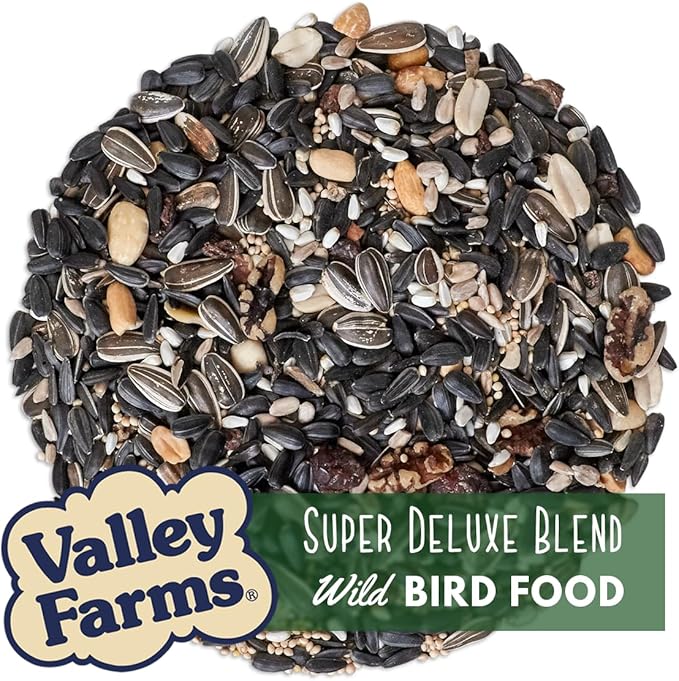 Valley Farms Super Deluxe Wild Bird Food (15 LB) for Outside feeders - 0% fillers - Loads of Sunflower Seed - w/Peanut kernels -Feed More Birds w/Less Seed