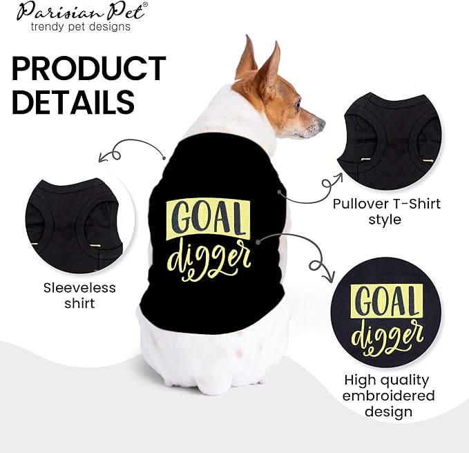 Parisian Pet Unisex Dog Tshirt - Embroidered “ Goal Digger “ Tank Top - Breathable and Lightweight Dog Clothes - Sleeveless Black Tee Shirts - Machine Washable Shirts for Medium Dogs - M