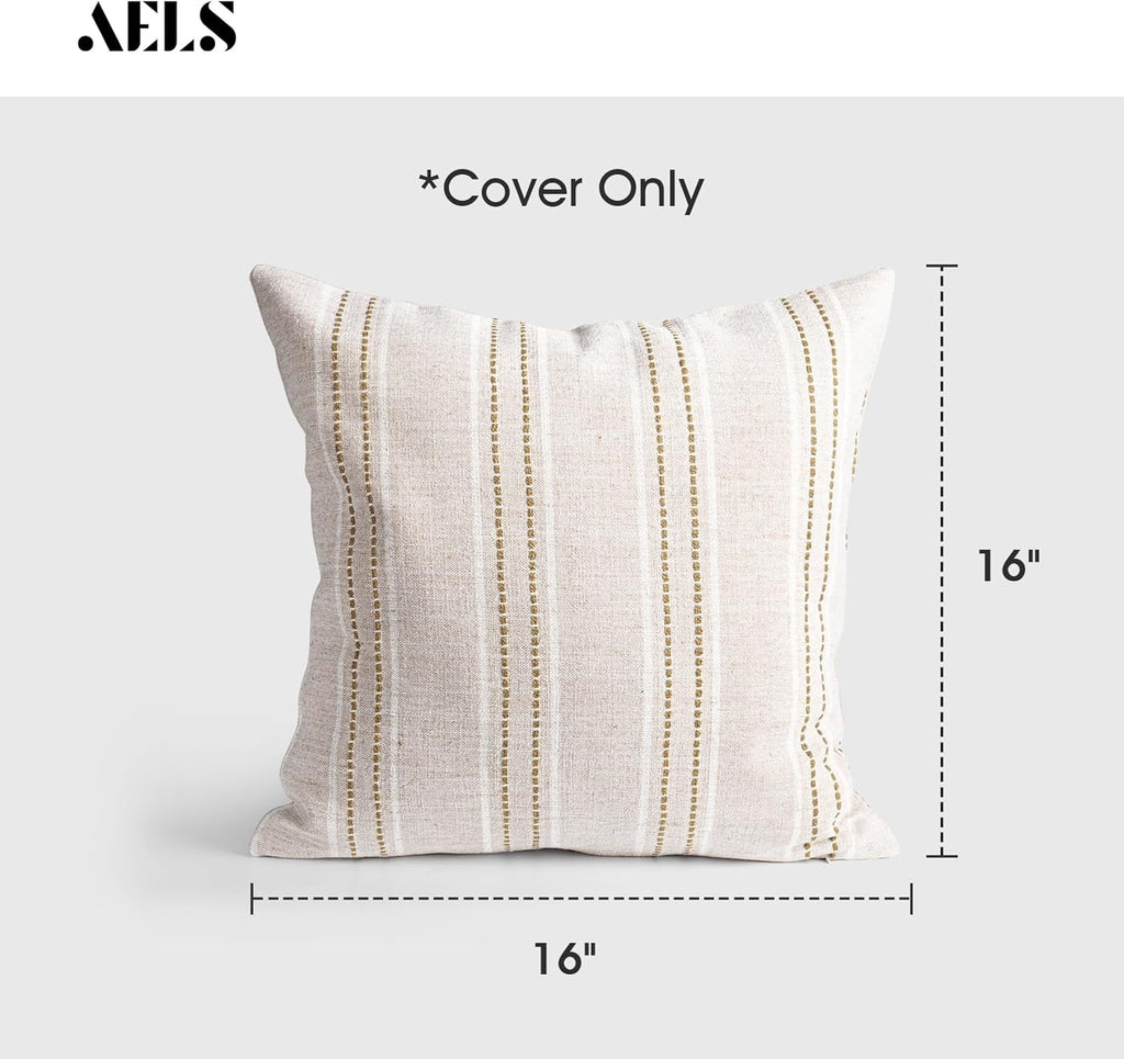 AELS 16x16 Decorative Farmhouse Linen Throw Pillow Covers, Boho Textured Pillow Case, Set of 2, Beige with White & Brown Stitch Yarn Dyed Stripe Cushion Cover for Sofa Couch Living Room (Cover ONLY)
