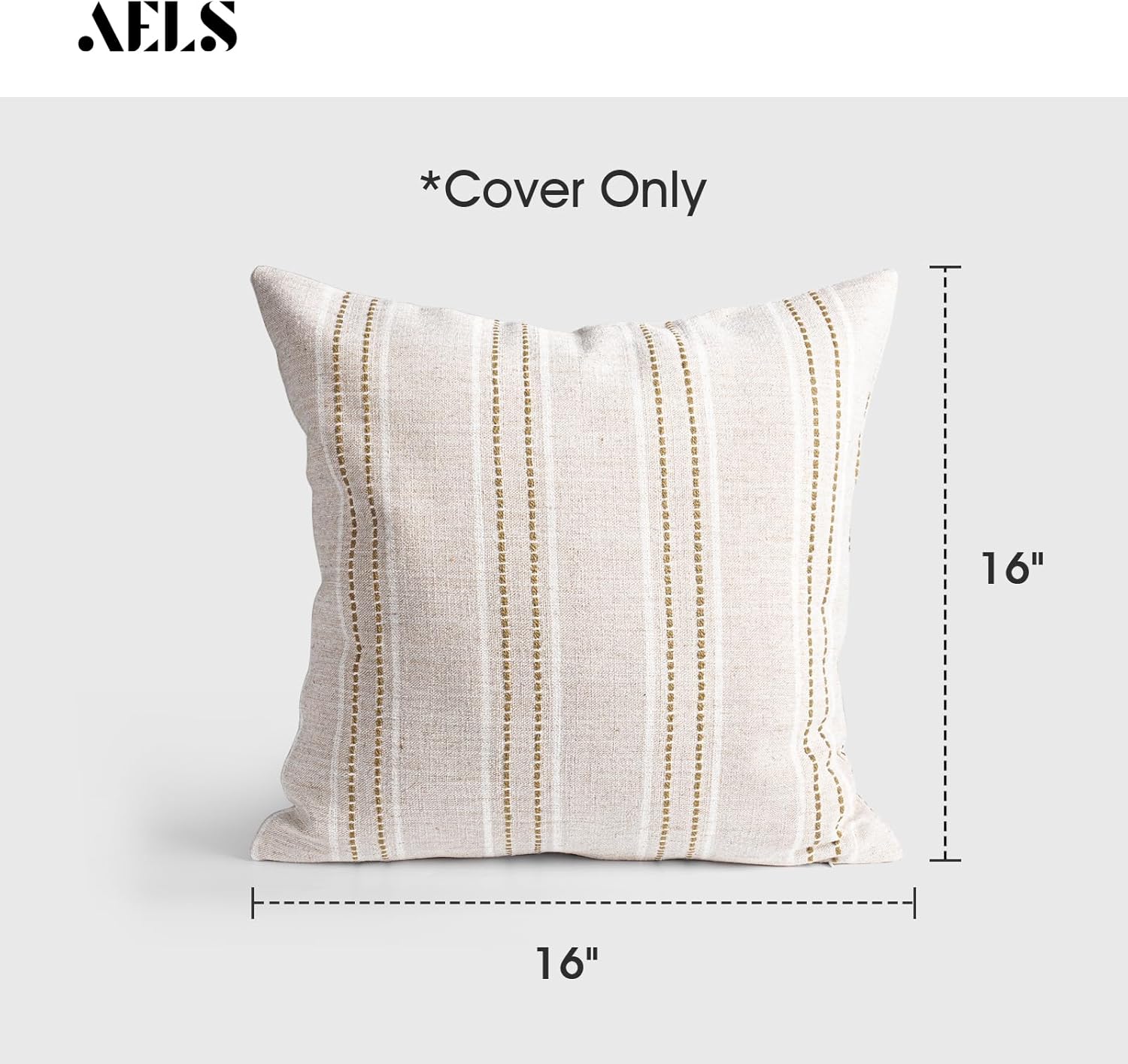 AELS 16x16 Decorative Farmhouse Linen Throw Pillow Covers, Boho Textured Pillow Case, Set of 2, Beige with White & Brown Stitch Yarn Dyed Stripe Cushion Cover for Sofa Couch Living Room (Cover ONLY)