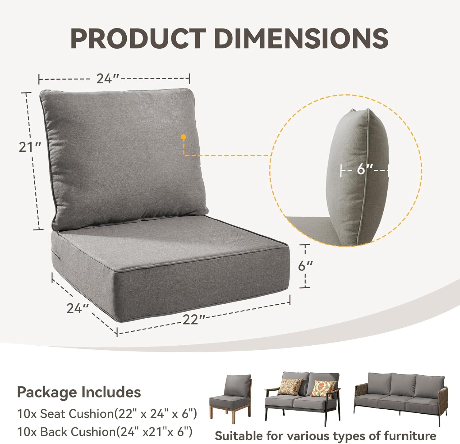 Outdoor Cushion Set for Furniture Patio Furniture, UV Resistant, Water Resistant - 6 Inch Thick Foam Garden Cushions – 22x24 Inch Patio Seat Covers for Chair/Sofa/Couch | Grey | 10-Pack |