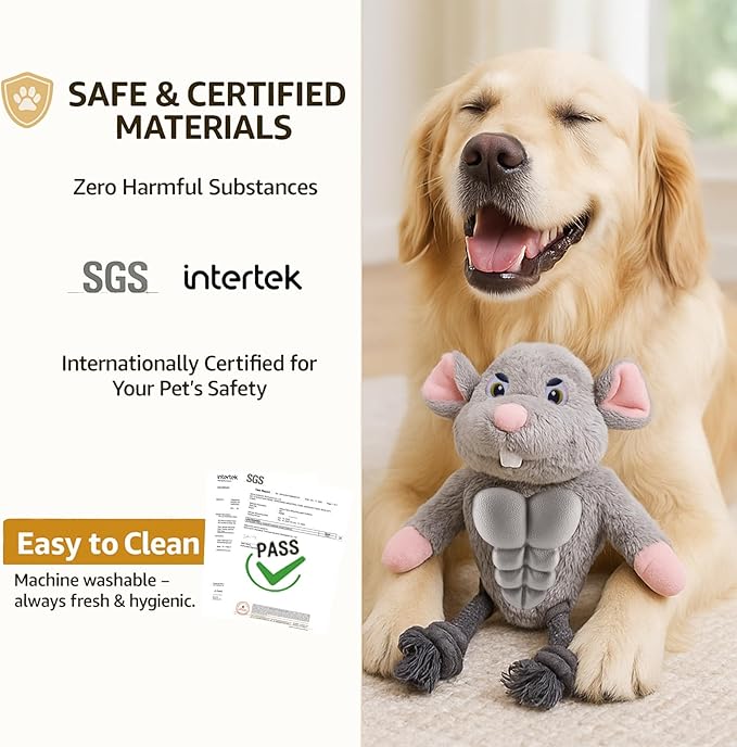 Funny Muscle Mouse Dog Toy – Plush Rat with Squeaky Rubber Chest & Rope Legs, Durable Interactive Chew Toy for Medium & Large Dogs, Cute Stuffed Animal for Tug, Fetch & Dental Play