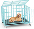 48 in Blue Heavy Duty Dog Crate Steel Escape Proof, Indoor Double Doors and Lockable Wheels,Removable Tray, for Extra Dog Breeds,XL,XXL