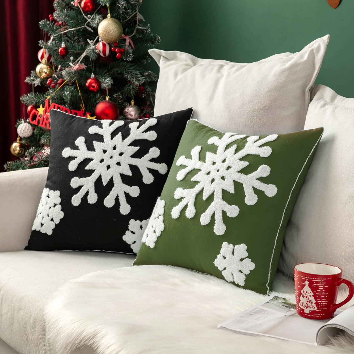 MIULEE Pack of 2 Christmas Decorative Snowflake Throw Pillow Covers Canvas Embroidery Winter Cushion Cases Holiday Decor Soft Pillowcases for Winter Couch Sofa Bedroom Car（Army Green, 18x18in）