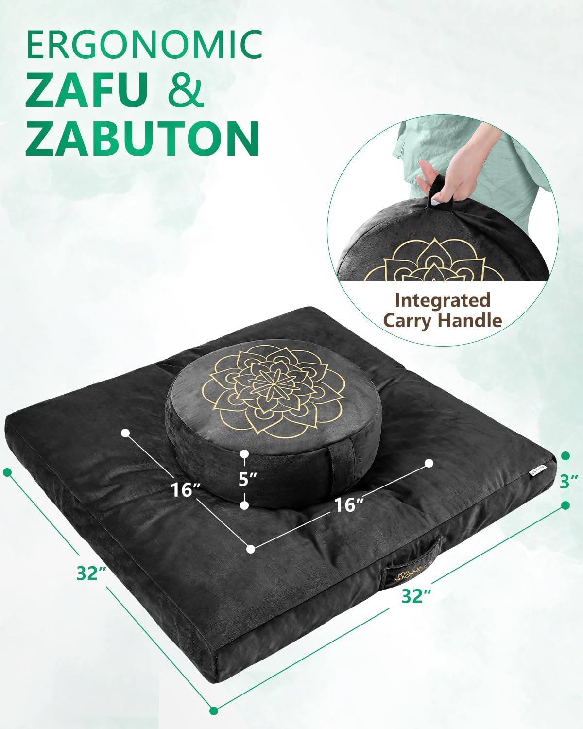 Hihealer Meditation Cushion Set Large Velvet Floor Pillow & Traditional Tibetan Yoga Bolster for Adults Zafu Meditation Mat with Buckwheat Filling (Black)