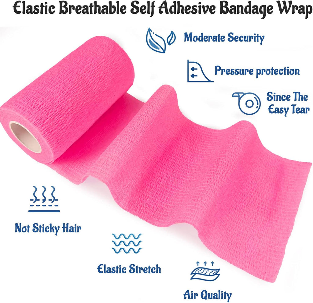 24 Pack Self Adhesive Bandage Wrap, 2” x 5 Yards Vet Wrap Cohesive Medical Tape Elastic Grip Tape Sports Tape Athletic for Ankle, Wrist Sprains, Pet (Pink, 4 Inch)