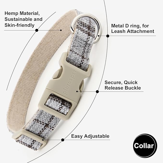 Plutus Pet Cotton Hemp Dog Collar and Leash Set, Adjustable Collar for Small, Medium, and Large Dogs, Heavy Duty and Soft on Skin, Gray Plaid, XL