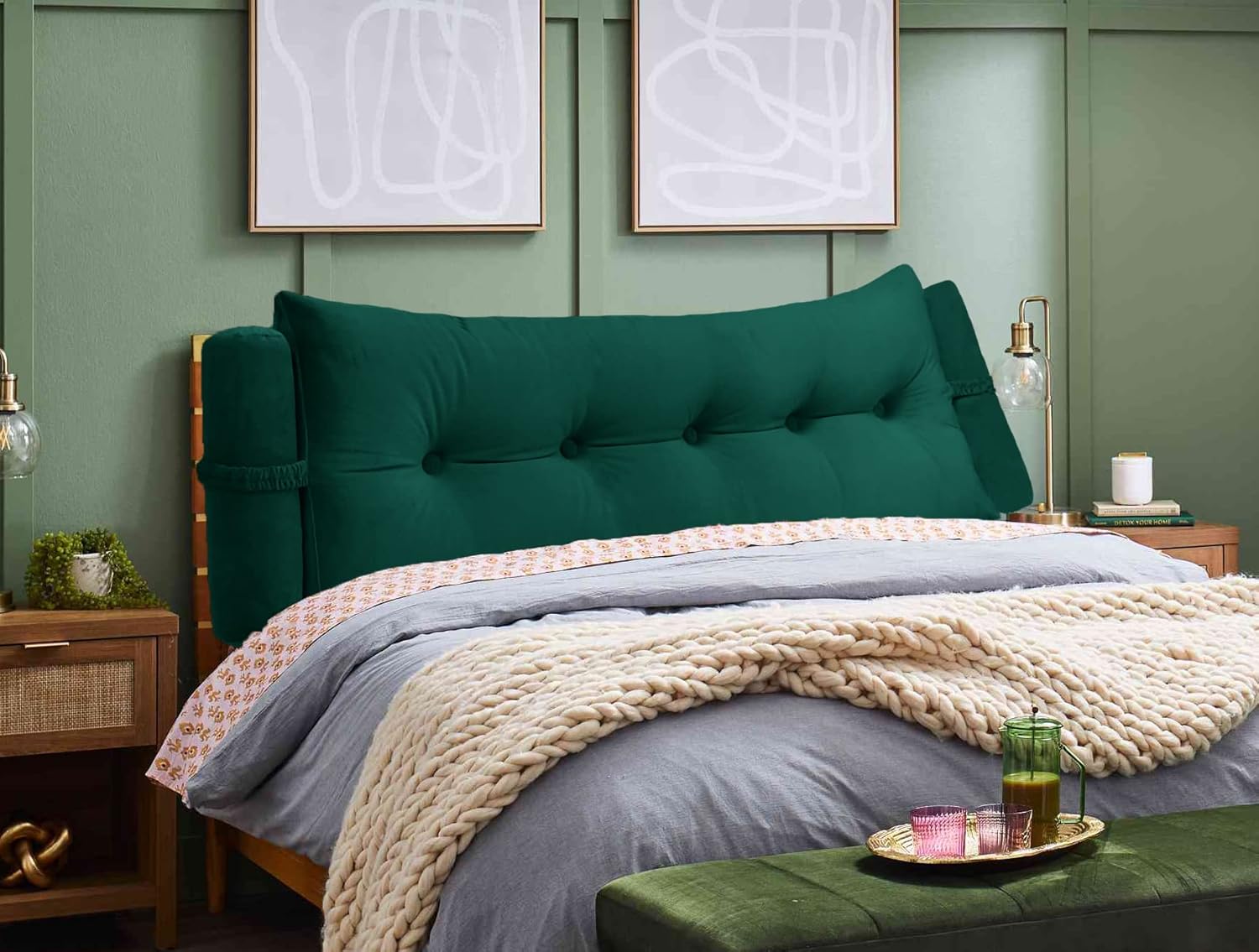 Triangular Reading Bedrest Pillow Large Bolster Cushion Headboard Backrest Wedge Pillow with Two Detachable Roll Pillows for Neck & Lumbar Support (Green, California King 71x8x20 inches)