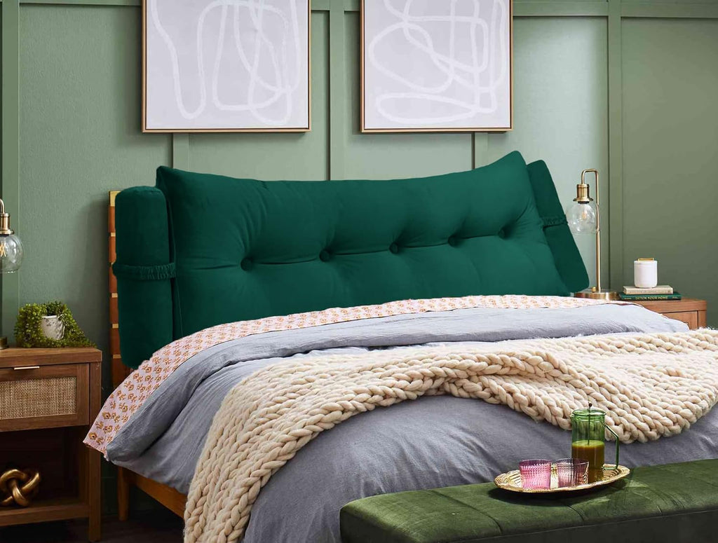 Triangular Reading Bed Rest Pillow Large Bolster Cushion Headboard Backrest Wedge Pillow with Two Detachable Roll Pillows for Neck & Lumbar Support (Green, King: 77 x 8 x20 inches)