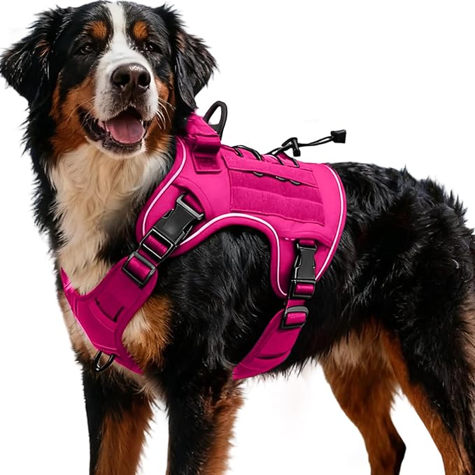 Heavy-Duty Tactical Dog Harness for Large Dogs, No Pull Adjustable Reflective Pet Vest with Molle System, K9 Military-Grade Control for Service Training, Outdoor & 10+ Breeds, Hot Pink, XX-Large