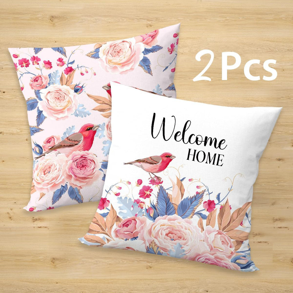 2 Pcs Pink Rose Bird Decorative Throw Pillow Cover, Vintage Natural Flower Bouquet Art Design Square Pillowcases for Couch Sofa Bed Bedroom Apartment Dorm Living Room Office Home Decor