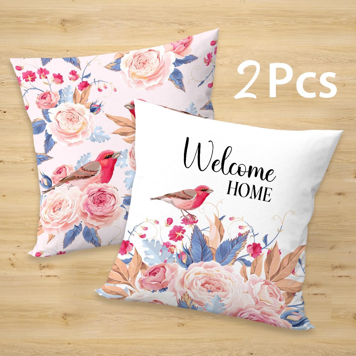 2 Pcs Pink Rose Bird Decorative Throw Pillow Cover, Vintage Natural Flower Bouquet Art Design Square Pillowcases for Couch Sofa Bed Bedroom Apartment Dorm Living Room Office Home Decor