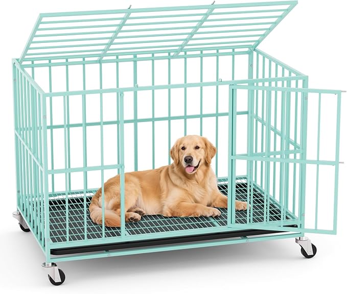 48 in Green Heavy Duty Dog Crate Steel Escape Proof, Indoor Double Doors and Lockable Wheels,Removable Tray, for Dog Breeds,XL,XXL
