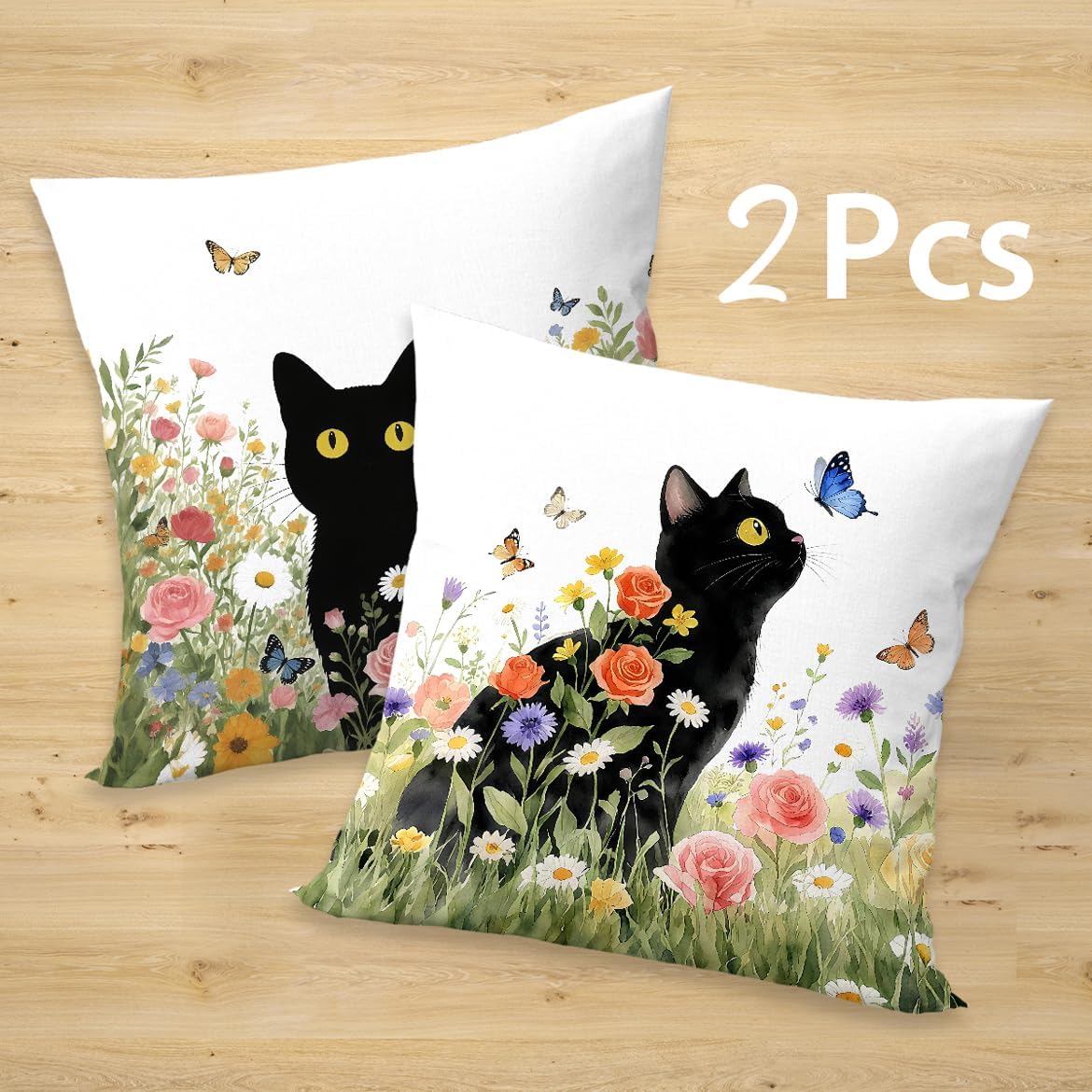 2 Pcs Floral Black Cat Pillow Cover, Vintage Black Cats Flowers Throw Pillow Covers Spring Summer Boho Cushion Cover, Suitable for Couch Sofa Bedroom Apartment Dorm Living Room Office Home Decor