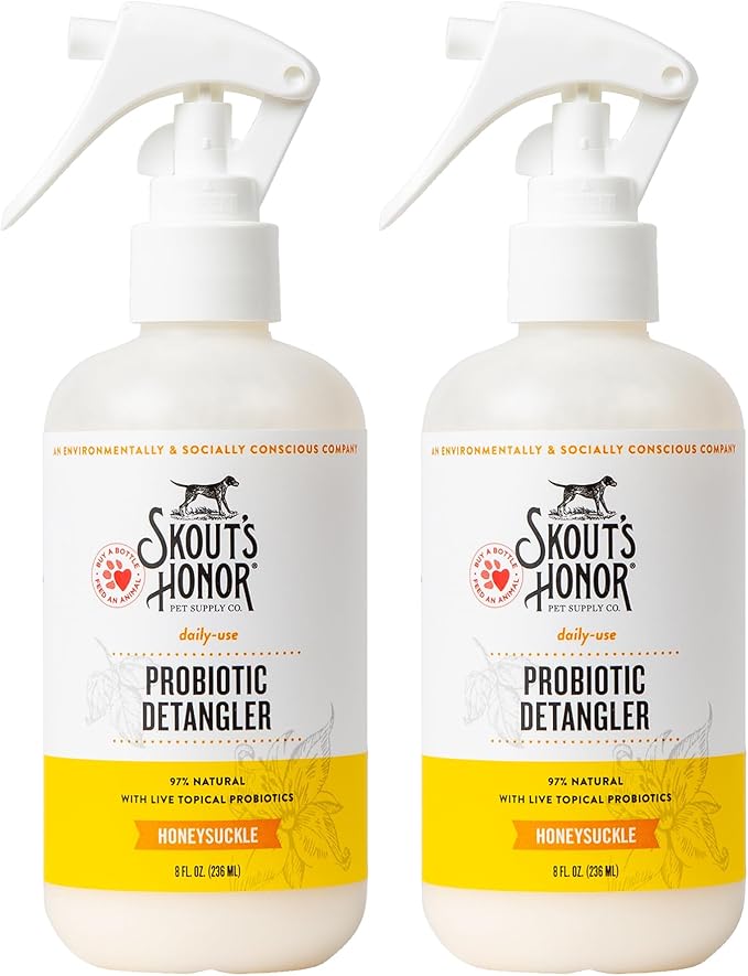 Skout's Honor Probiotic Pet Detangler Spray - Hydrating & Conditioning w/Avocado Oil, 97% Natural, Paraben & Sulfate-Free, softens for a More brushable Coat, Daily Use, 8oz, Honeysuckle, 2-Pack