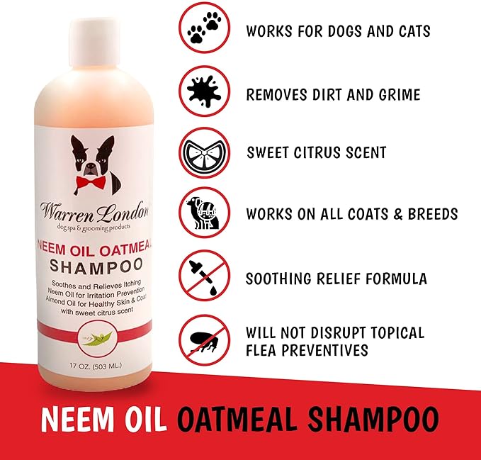 Warren London Neem Oil with Oatmeal Dog Shampoo - Deep Cleansing & Moisturizing for Sensitive Skin - Itch Relief & Odor Control - Made in USA - 17 oz