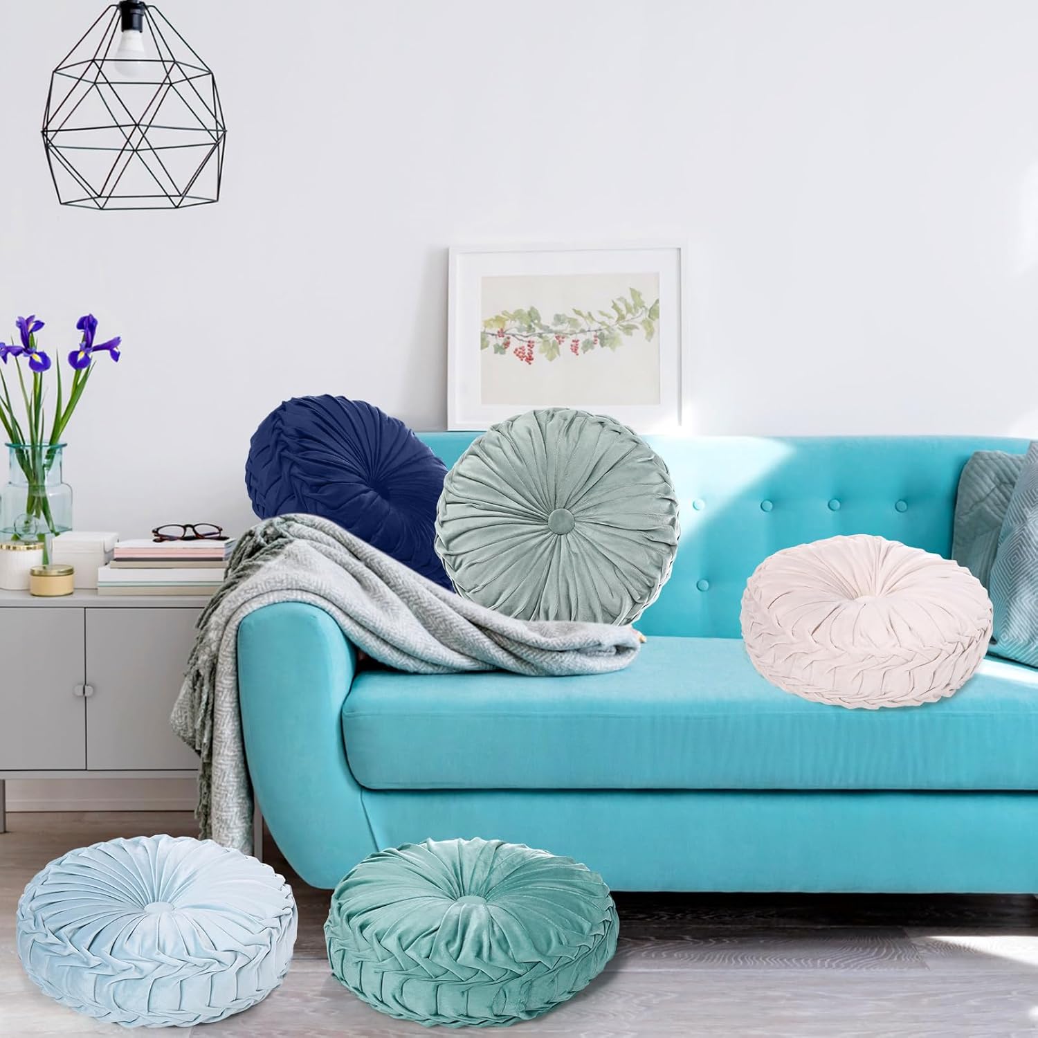 Yerliker 6 Pcs Floor Pillow Cushions 15inch Round Velvet Throw Pillows Colorful Flexible Cushions Alternative Pillows for Couch Chair Living Room Bedroom Home Office Decor(Blue Color)